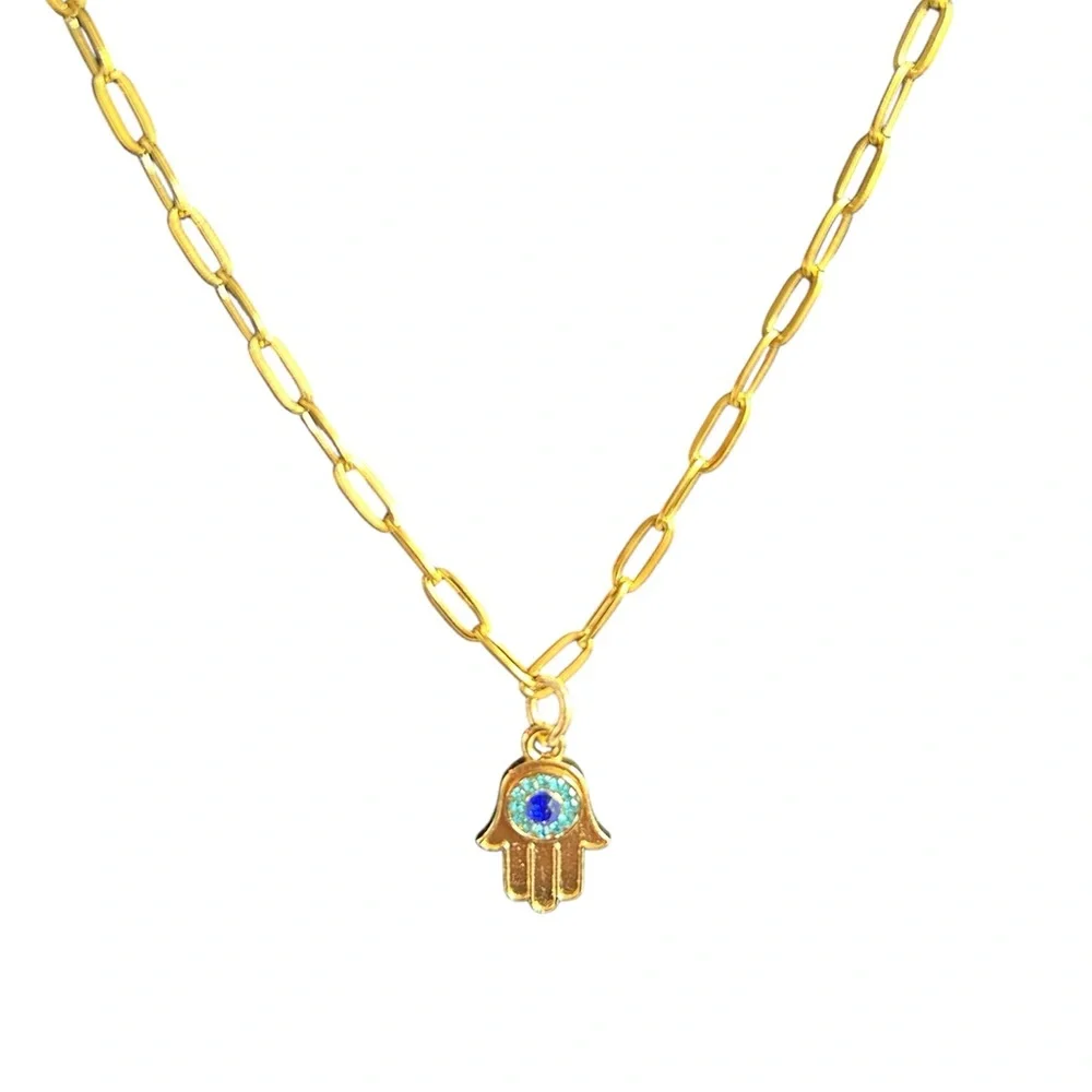 Hamsa Hand Evil Eye Gold Tone Necklace Dainty Paperclip Chain Charm Jewelry